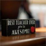 Closeup of sign on teacher's desk that reads "Best Teacher Ever. You're Awesome!"